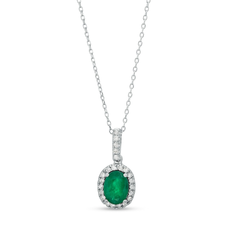 Main Image 1 of Oval Emerald and 1/8 CT. T.W. Diamond Frame Pendant in 14K White Gold