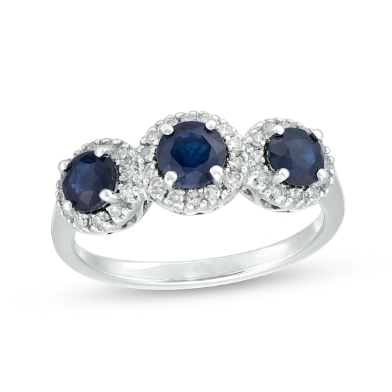 4.5mm Blue Sapphire and 1/5 CT. T.w. Diamond Three Stone Frame Ring in 14K White Gold