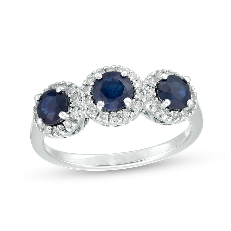 Main Image 1 of 4.5mm Blue Sapphire and 1/5 CT. T.W. Diamond Three Stone Frame Ring in 14K White Gold