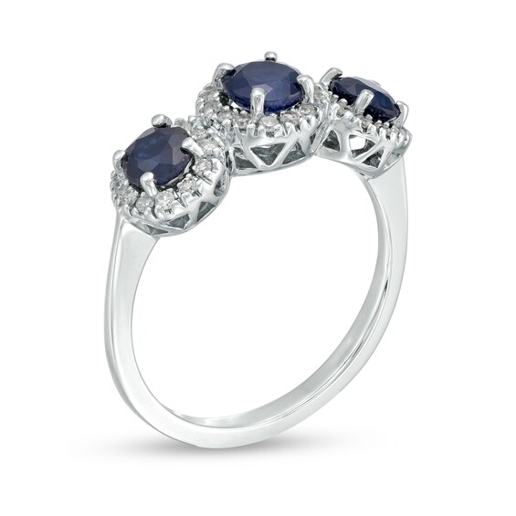 4.5mm Blue Sapphire and 1/5 CT. T.w. Diamond Three Stone Frame Ring in 14K White Gold