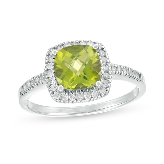 7.0mm Cushion-Shaped Peridot and 1/5 CT. T.w. Diamond Frame Ring in 10K Gold