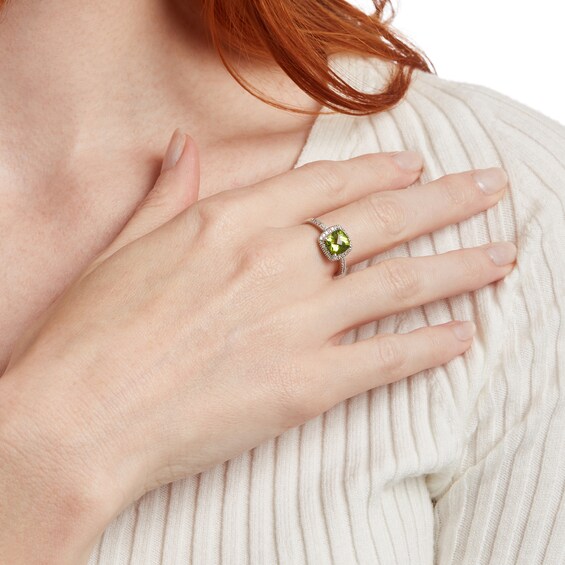 7.0mm Cushion-Shaped Peridot and 1/5 CT. T.w. Diamond Frame Ring in 10K Gold