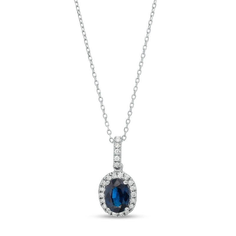 Main Image 1 of Oval Blue Sapphire and 1/8 CT. T.W. Diamond Frame Pendant in 14K White Gold