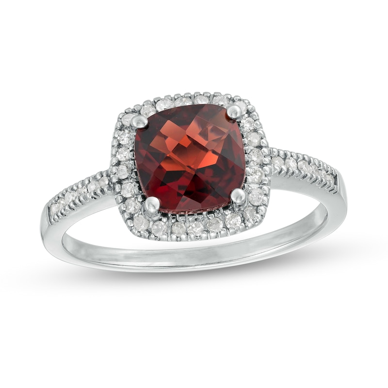 7.0mm Cushion-Cut Garnet and 1/5 CT. T.W. Diamond Frame Ring in 10K White Gold