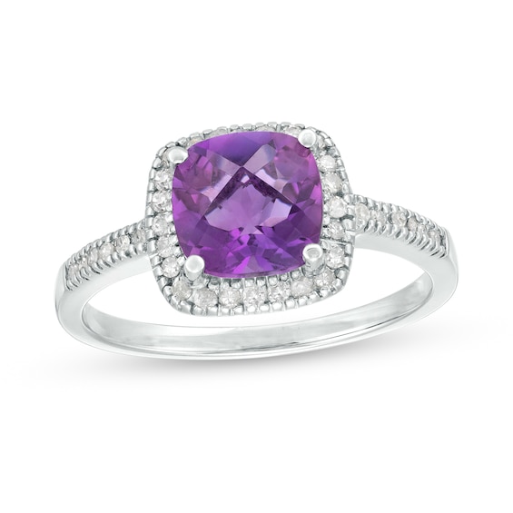 7.0mm Cushion-Shaped Amethyst and 1/5 CT. T.w. Diamond Frame Ring in 10K White Gold