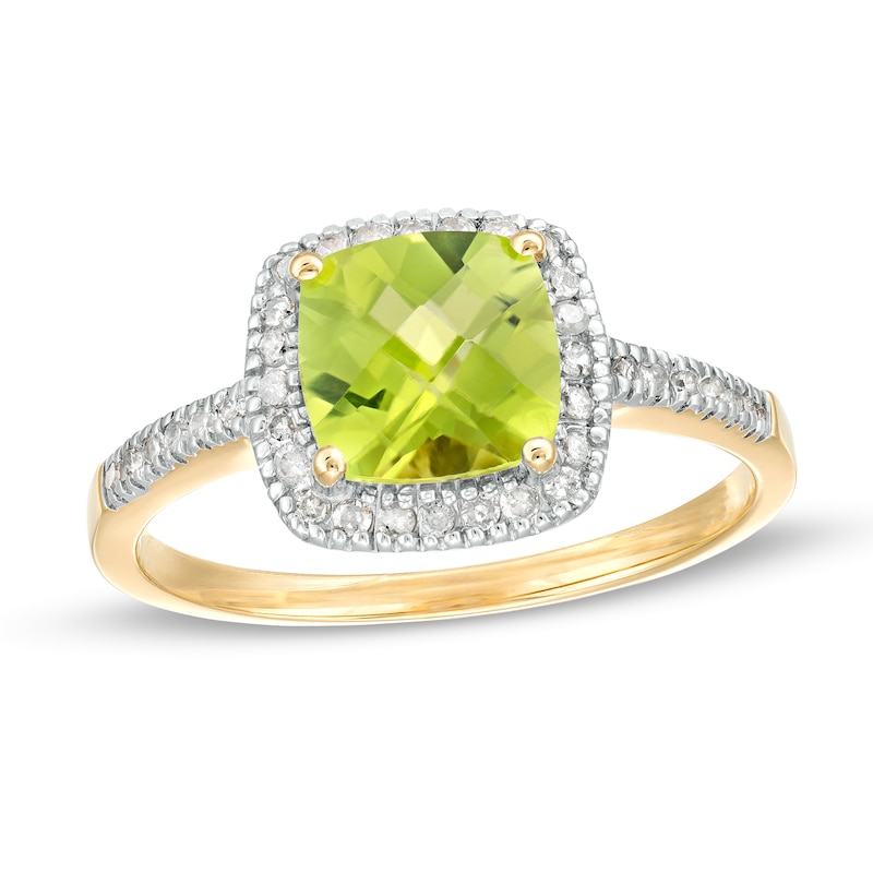 7.0mm Cushion-Cut Peridot and 1/5 CT. T.W. Diamond Frame Ring in 10K Gold