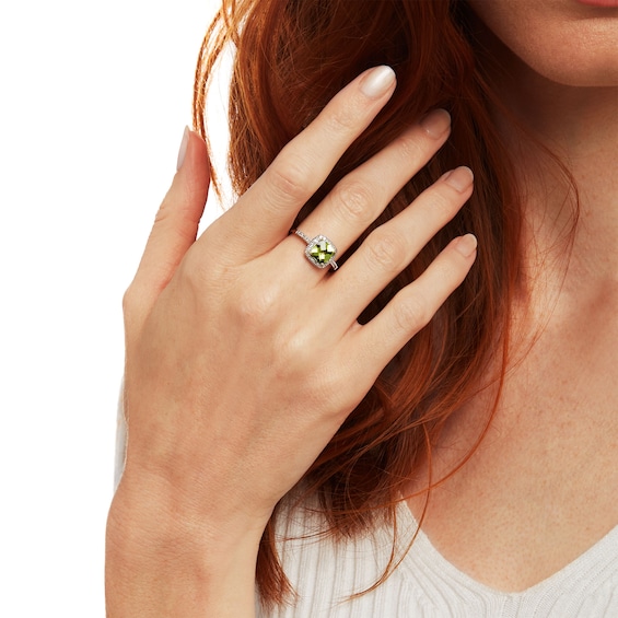 7.0mm Cushion-Shaped Peridot and 1/5 CT. T.w. Diamond Frame Ring 10K Gold