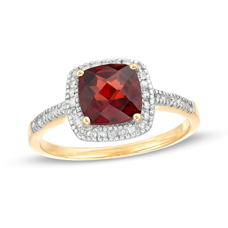 7.0mm Cushion-Cut Garnet and 1/5 CT. T.W. Diamond Frame Ring in 10K Gold