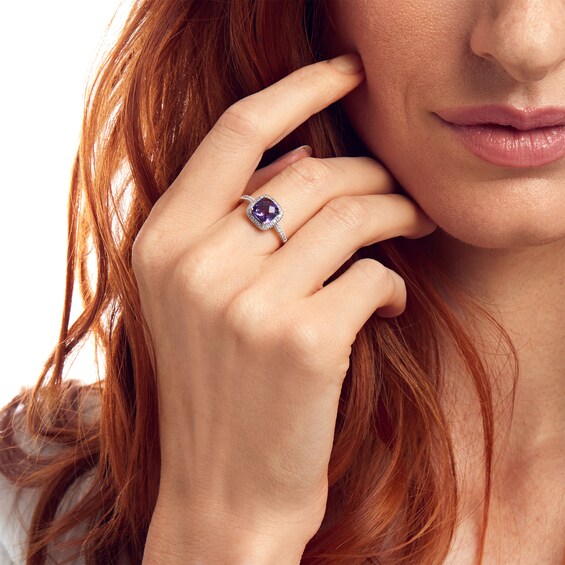 7.0mm Cushion-Shaped Amethyst and 1/5 CT. T.w. Diamond Frame Ring in 10K Gold