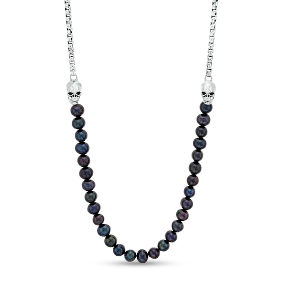 Men's Dyed Black Freshwater Cultured Pearl and Box Chain with Skull Duo Half-and-Half Necklace in Sterling Silver â 22"