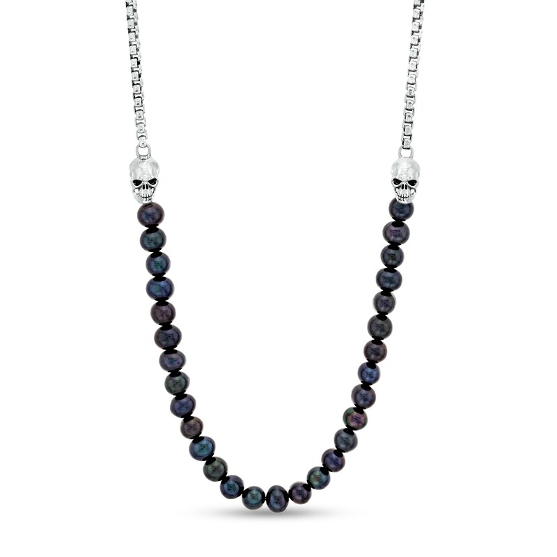 Main Image 1 of Men's Dyed Black Freshwater Cultured Pearl and Box Chain with Skull Duo Half-and-Half Necklace in Sterling Silver – 22"