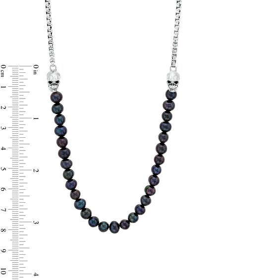 Men's Dyed Black Freshwater Cultured Pearl and Box Chain with Skull Duo Half-and-Half Necklace in Sterling Silver â 22"
