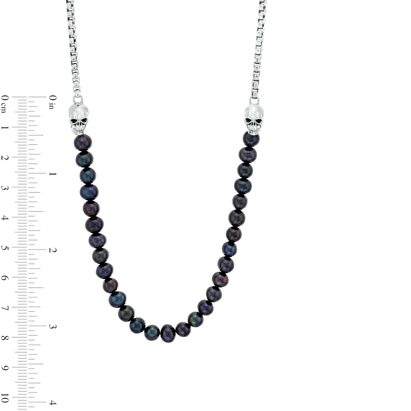 Main Image 2 of Men's Dyed Black Freshwater Cultured Pearl and Box Chain with Skull Duo Half-and-Half Necklace in Sterling Silver – 22"
