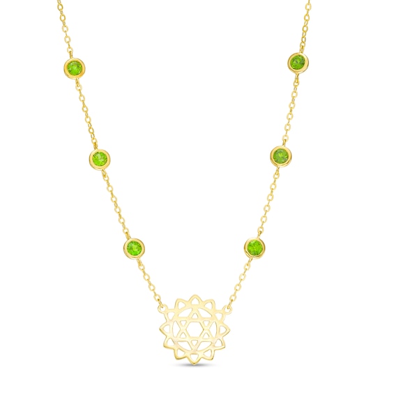 3.0mm Chrome Diopside Six Stone Station and Heart Chakra Symbol Necklace in Sterling Silver with 18K Gold Plate â 20"