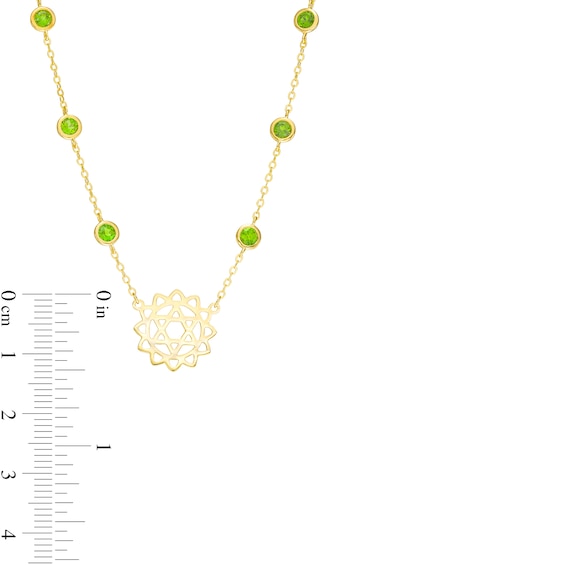 3.0mm Chrome Diopside Six Stone Station and Heart Chakra Symbol Necklace in Sterling Silver with 18K Gold Plate â 20"