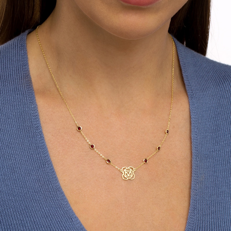 Main Image 2 of 3.0mm Garnet Six Stone Station and Root Chakra Symbol Necklace in Sterling Silver with 18K Gold Plate – 20"