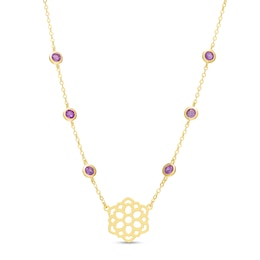 3.0mm Amethyst Six Stone Station and Crown Chakra Symbol Necklace in Sterling Silver with 18K Gold Plate – 20"