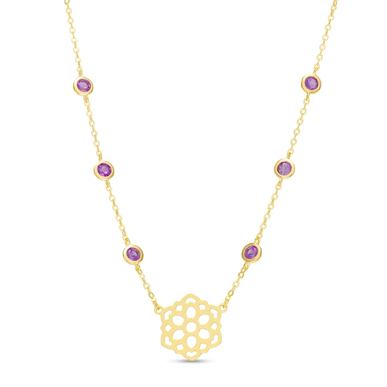 3.0mm Amethyst Six Stone Station and Crown Chakra Symbol Necklace in Sterling Silver with 18K Gold Plate â 20"