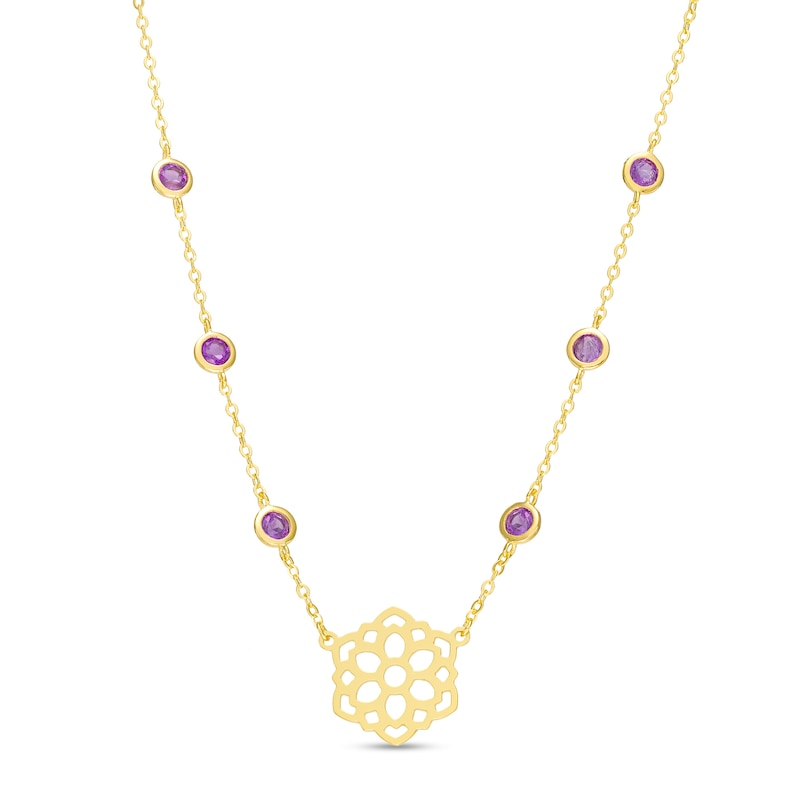 Main Image 1 of 3.0mm Amethyst Six Stone Station and Crown Chakra Symbol Necklace in Sterling Silver with 18K Gold Plate – 20"