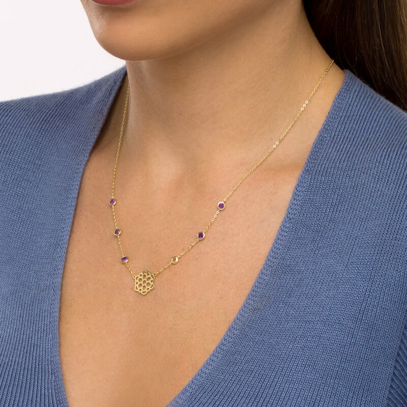 Main Image 2 of 3.0mm Amethyst Six Stone Station and Crown Chakra Symbol Necklace in Sterling Silver with 18K Gold Plate – 20"