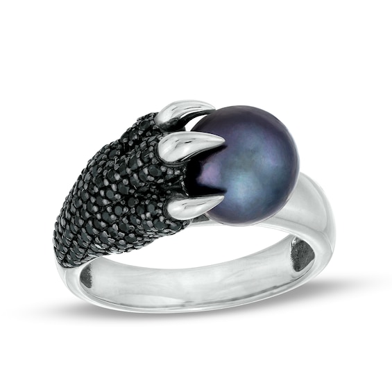 9.0-10.0mm Dyed Black Freshwater Cultured Pearl and Black Sapphire Claw Ring in Sterling Silver
