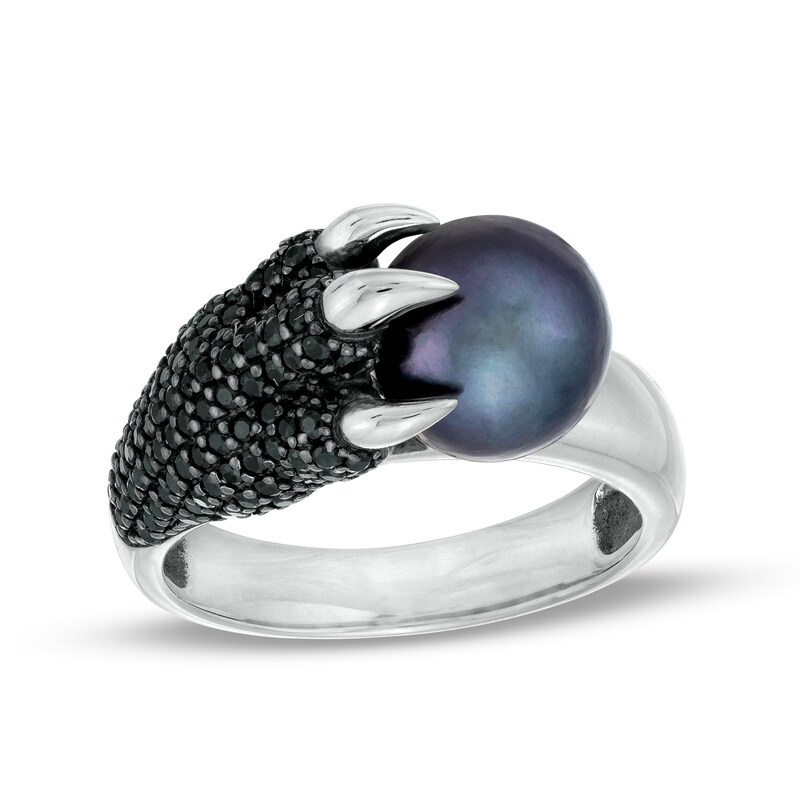 Main Image 1 of Men's 9.0-10.0mm Dyed Black Freshwater Cultured Pearl and Black Sapphire Claw Ring in Sterling Silver
