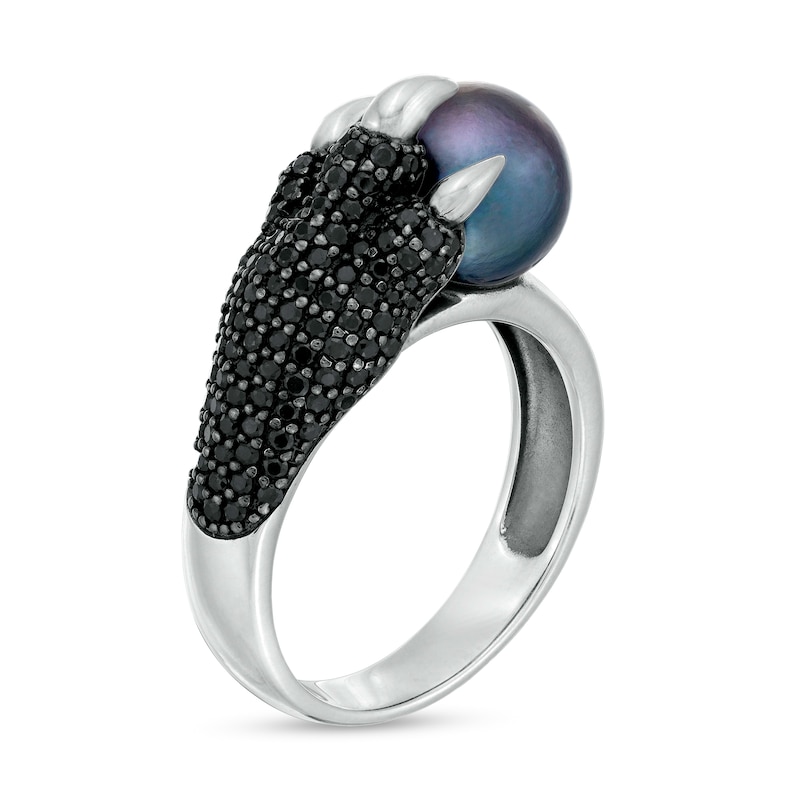 Men's 9.0-10.0mm Dyed Black Cultured Freshwater Pearl and Black Sapphire Claw Ring in Sterling Silver