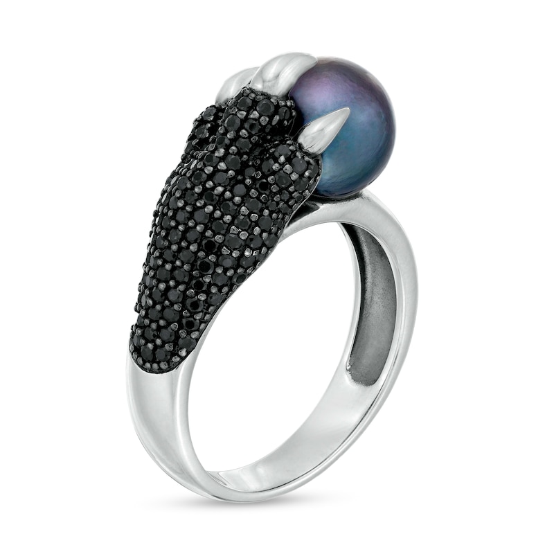 Main Image 2 of Men's 9.0-10.0mm Dyed Black Freshwater Cultured Pearl and Black Sapphire Claw Ring in Sterling Silver