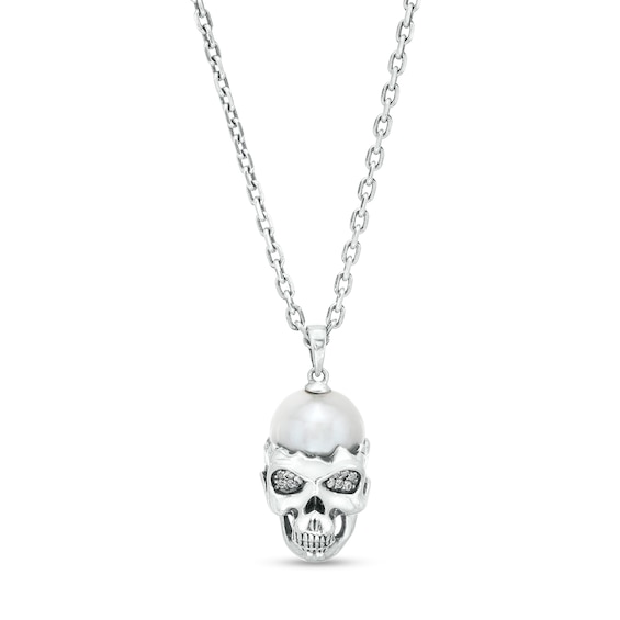 Men's 10.5-11.0mm Freshwater Cultured Pearl and White Lab-Created Sapphire Skull Pendant in Sterling Silver â 22"