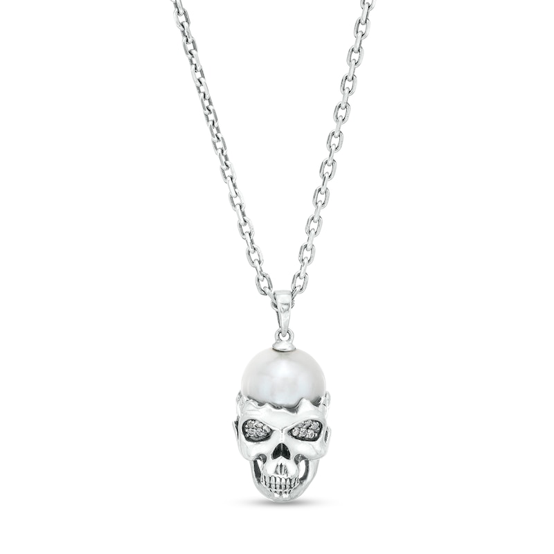 Main Image 1 of Men's 10.5-11.0mm Freshwater Cultured Pearl and White Lab-Created Sapphire Skull Pendant in Sterling Silver – 22"