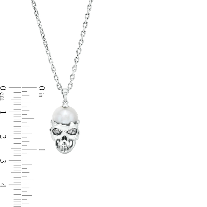 Main Image 2 of Men's 10.5-11.0mm Freshwater Cultured Pearl and White Lab-Created Sapphire Skull Pendant in Sterling Silver – 22"