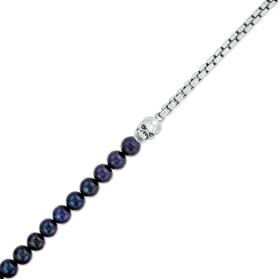 Dyed Black Freshwater Cultured Pearl and Box Chain with Skull Half-and-Half Bracelet in Sterling Silver â 8.5"