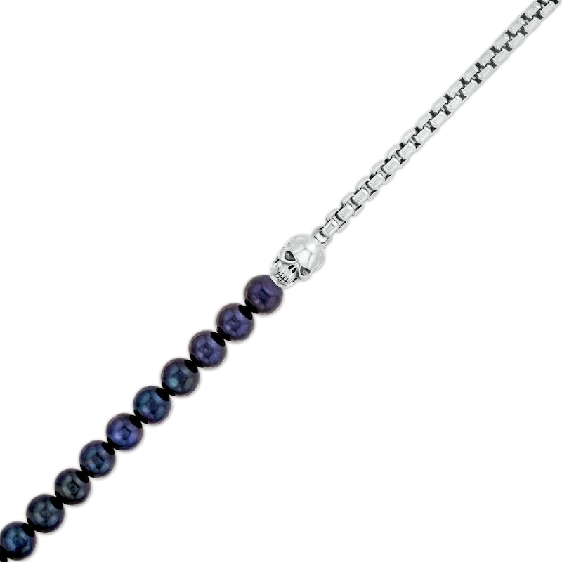 Men's Dyed Black Cultured Freshwater Pearl and Box Chain with Skull Half-and-Half Bracelet in Sterling Silver – 8.5"