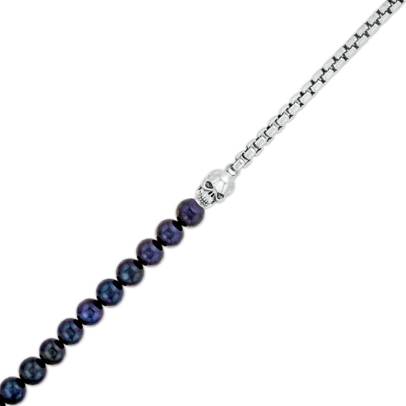 Main Image 1 of Men's Dyed Black Freshwater Cultured Pearl and Box Chain with Skull Half-and-Half Bracelet in Sterling Silver – 8.5&quot;