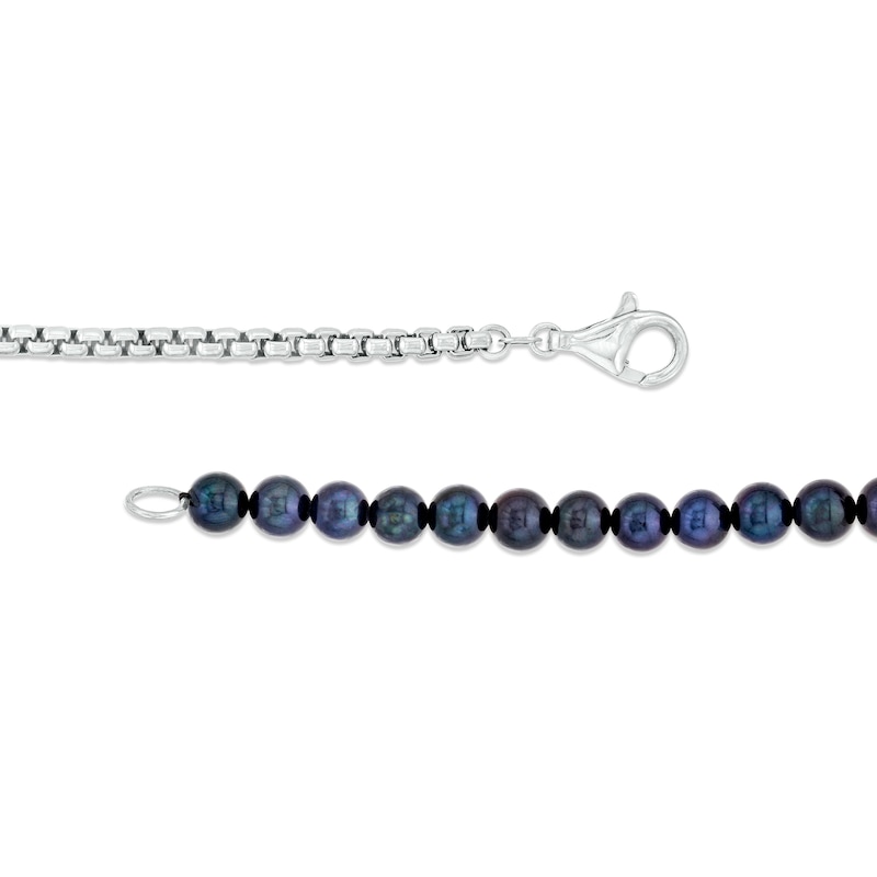 Men's Dyed Black Cultured Freshwater Pearl and Box Chain with Skull Half-and-Half Bracelet in Sterling Silver – 8.5"