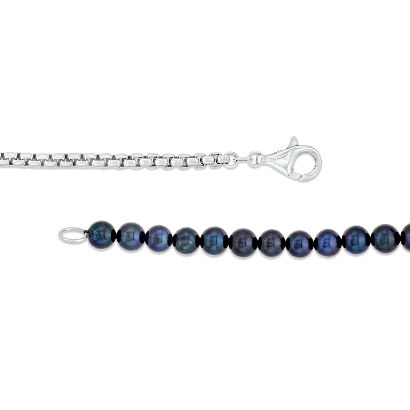 Main Image 2 of Men's Dyed Black Freshwater Cultured Pearl and Box Chain with Skull Half-and-Half Bracelet in Sterling Silver – 8.5&quot;
