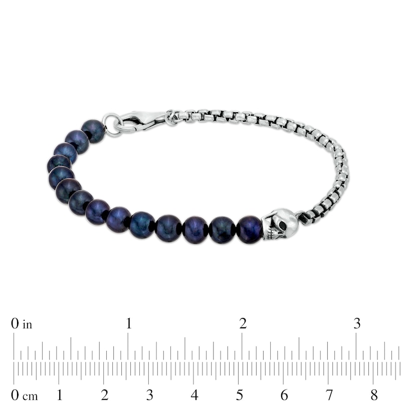 Main Image 3 of Men's Dyed Black Freshwater Cultured Pearl and Box Chain with Skull Half-and-Half Bracelet in Sterling Silver – 8.5&quot;