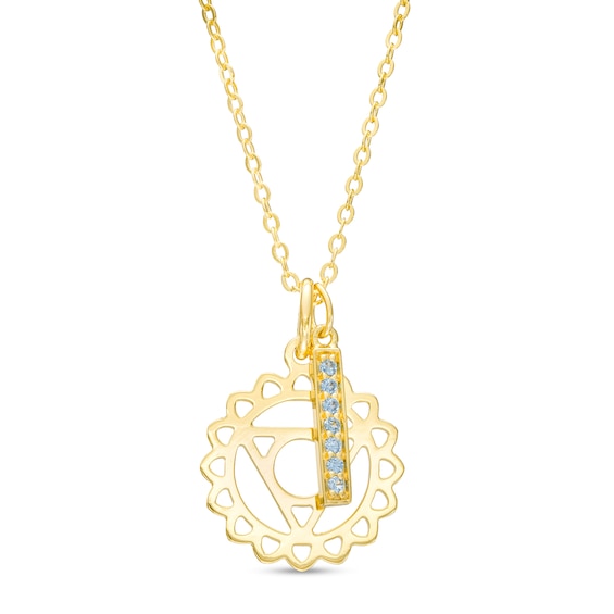 Swiss Blue Topaz Vertical Bar and Throat Chakra Symbol Dangle Charm Pendant in Sterling Silver with 18K Gold Plate – 20"