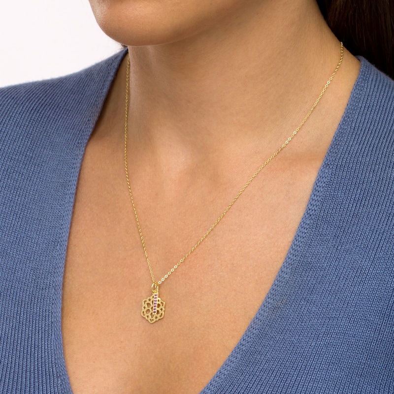 Main Image 2 of Amethyst Vertical Bar and Crown Chakra Symbol Dangle Charm Pendant in Sterling Silver with 18K Gold Plate – 20"