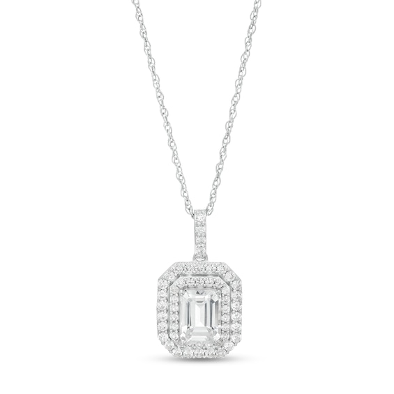 Octagonal White Lab-Created Sapphire Double Frame Pendant in Sterling Silver