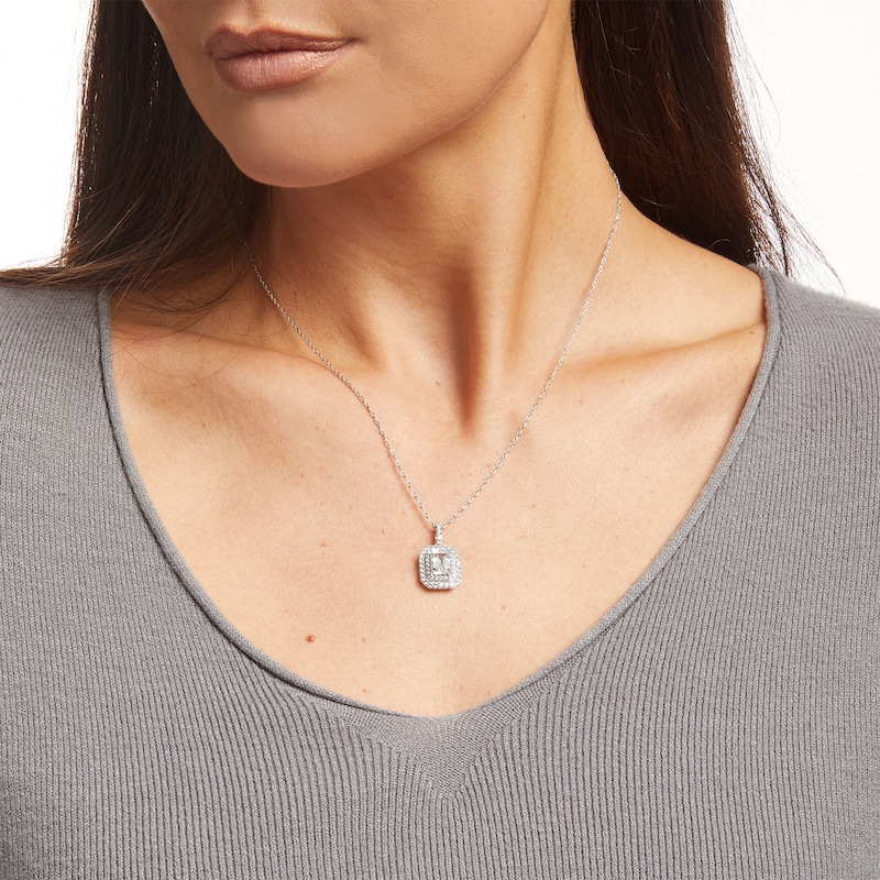 Main Image 2 of Octagonal White Lab-Created Sapphire Double Frame Pendant in Sterling Silver