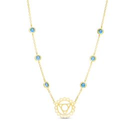 3.0mm Swiss Blue Topaz Six Stone Station and Throat Chakra Symbol Necklace in Sterling Silver with 18K Gold Plate – 20"