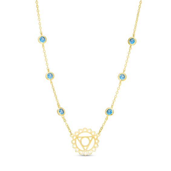 3.0mm Swiss Blue Topaz Six Stone Station and Throat Chakra Symbol Necklace in Sterling Silver with 18K Gold Plate â 20"
