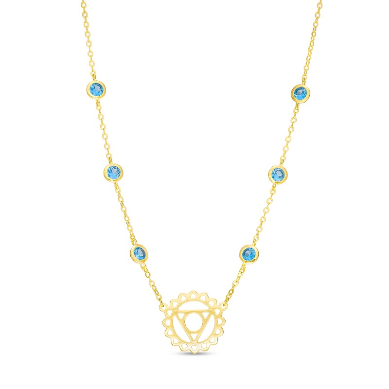 Main Image 1 of 3.0mm Swiss Blue Topaz Six Stone Station and Throat Chakra Symbol Necklace in Sterling Silver with 18K Gold Plate – 20"