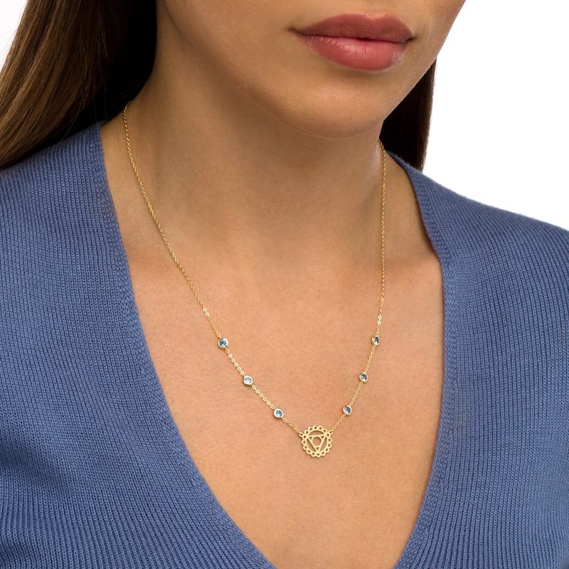 Main Image 2 of 3.0mm Swiss Blue Topaz Six Stone Station and Throat Chakra Symbol Necklace in Sterling Silver with 18K Gold Plate – 20"