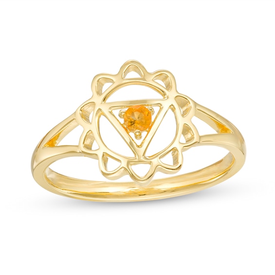 Citrine Solitaire Solar Plexus Chakra Symbol Split Shank Ring in Sterling Silver with 18K Gold Plate â Size 7