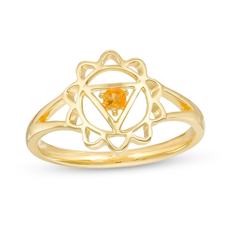 Main Image 1 of Citrine Solitaire Solar Plexus Chakra Symbol Split Shank Ring in Sterling Silver with 18K Gold Plate – Size 7