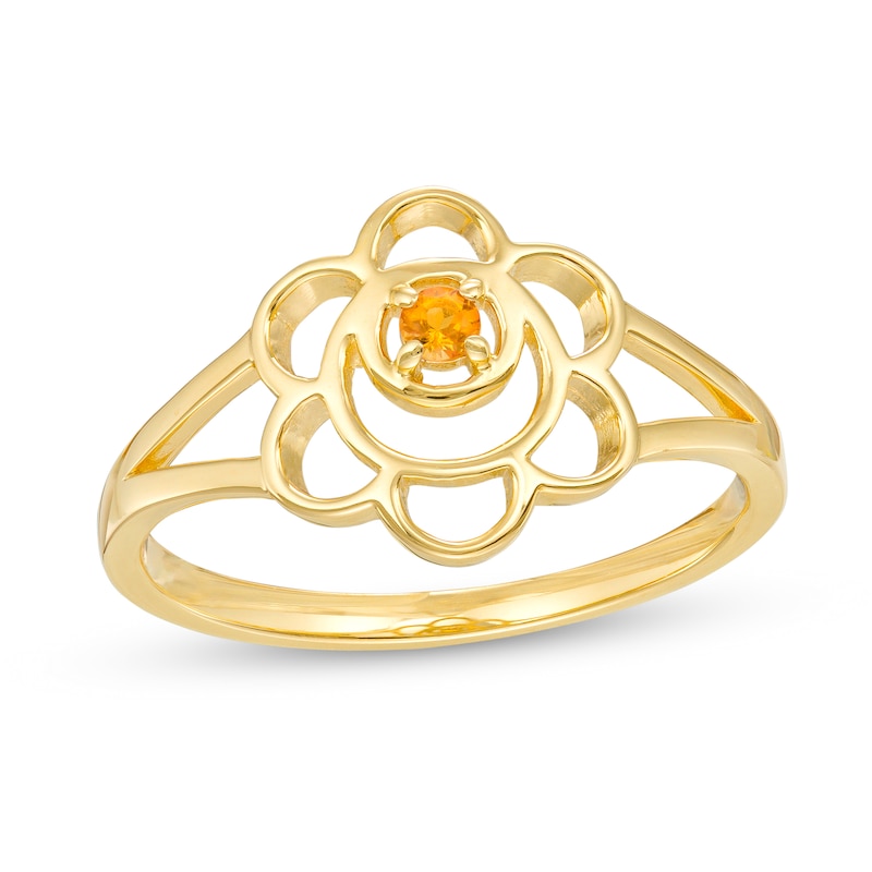 Main Image 1 of Madeira Citrine Solitaire Sacral Chakra Symbol Split Shank Ring in Sterling Silver with 18K Gold Plate – Size 7