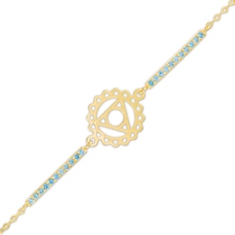 Swiss Blue Topaz Throat Chakra Symbol Bracelet in Sterling Silver with 18K Gold Plate – 7.75"