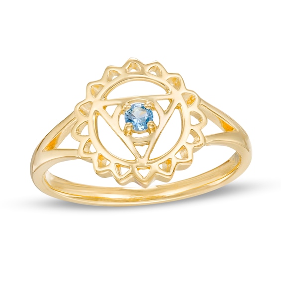 Swiss Blue Topaz Solitaire Throat Chakra Symbol Split Shank Ring in Sterling Silver with 18K Gold Plate - Size 7